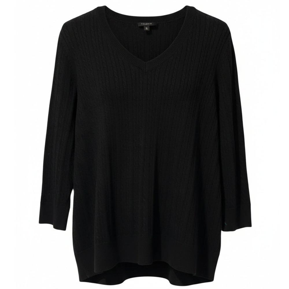 Talbots Petites Sweater Womens Size Medium Black‎ Ribbed Knit V-Neck Pullover